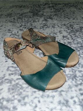 L'Artiste by Spring Step Ceylan Sandals Teal Leather Brown Size 40 US 9 VGUC